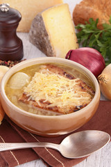 onion soup with bread and gruyere