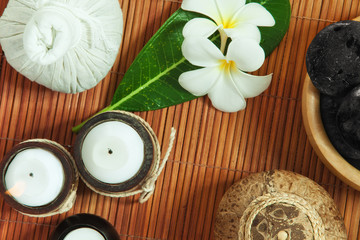 close up view of spa theme objects on color back