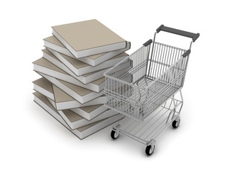 Shopping cart and stack of books