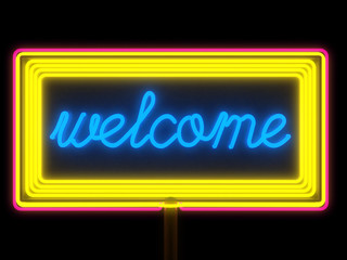Welcome, open neon sign