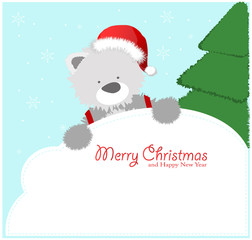Red baby winter background with Funny young Teddy bear.