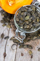 Roasted Pumpkin Seeds on wood