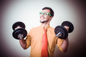 funny crazy young man weightlifting