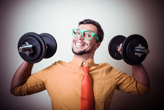 Funny Crazy Young Man Weightlifting