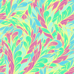 Seamless vintage pastel doodle pattern with abstract feathers