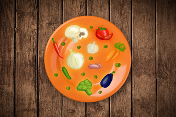 Colorful plate with hand drawn icons, symbols, vegetables and fr