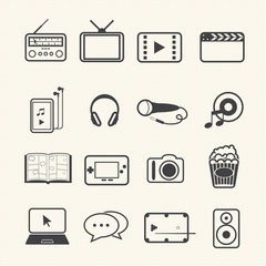 Entertainment icons set on texture background. Vector