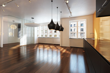 Empty interior residence with hardwood floors in the city