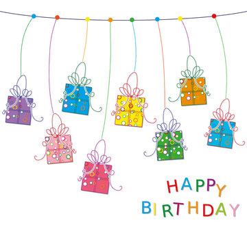 Birthday card with hanging presents