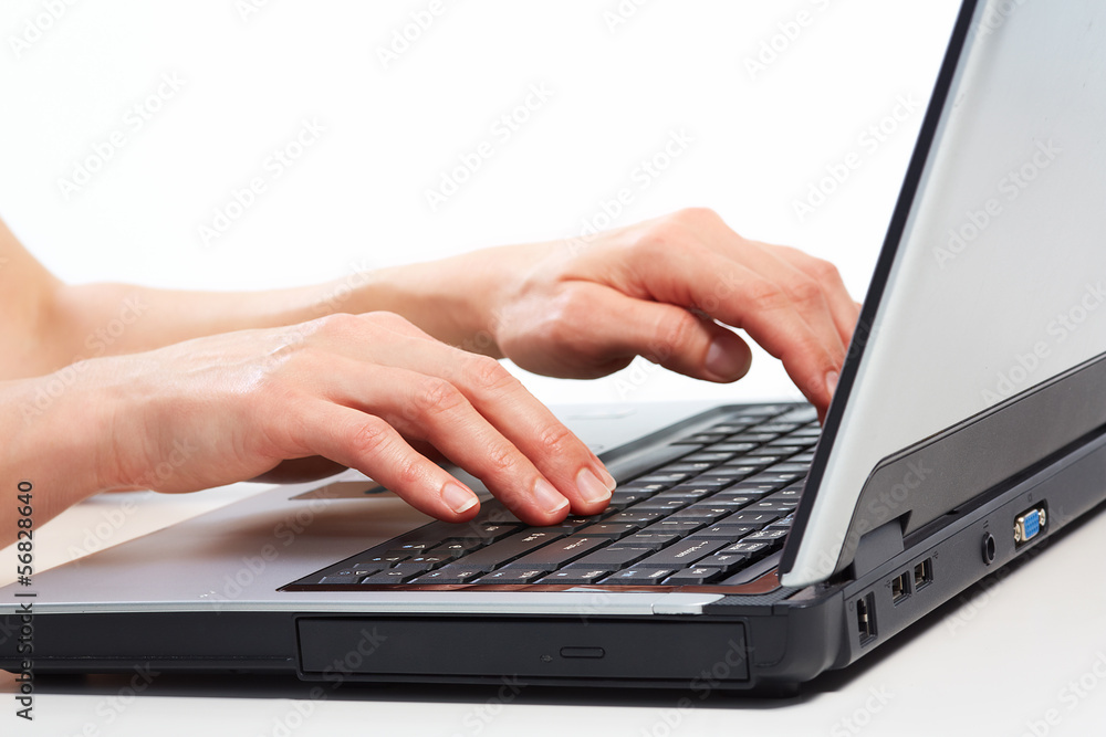 Poster Hands with laptop computer.