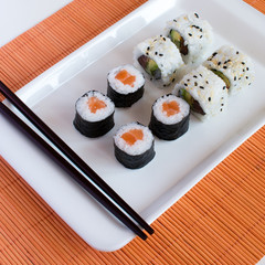 Delicious sushi rolls on white plate with chopsticks