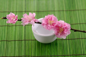 Spring branch Cherry blossoms in vase on mat