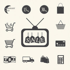 Shopping sale icons set on texture background. Vector