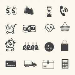 Shopping icons set on texture background. Vector