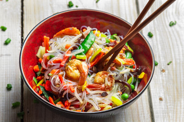 Closeup of Chinese mix vegetables with shrimp