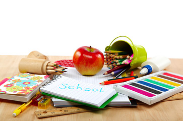 School and office supplies on a wooden table. Back to school.