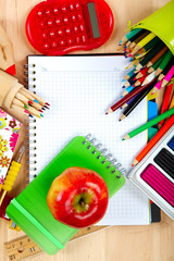 School and office supplies on a wooden table. Back to school.