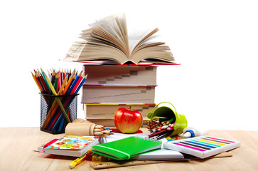 School and office supplies on a wooden table. Back to school.