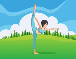 A girl doing yoga across the pine trees