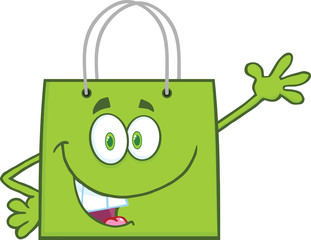 Smiling Green Shopping Bag Character Waving For Greeting