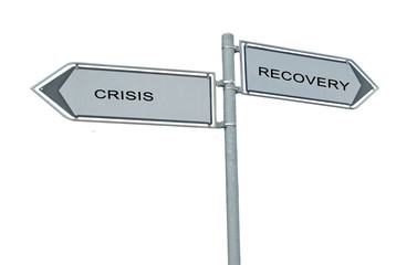 Road sign to recovery and recession
