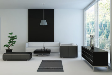 Black and white colored Living Room with floor to ceiling window