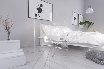 White light bedroom interior with double bed