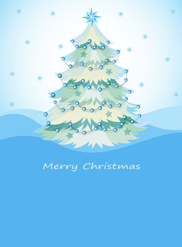 A blue christmas card with a christmas tree