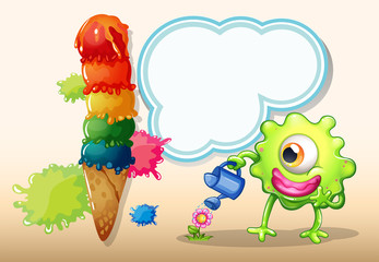 A giant icecream beside the monster watering the plant