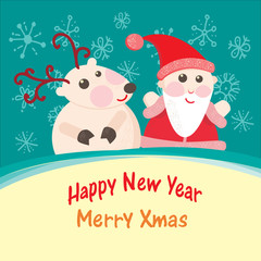 Christmas and New Year Greeting card, Santa Claus with  Deer