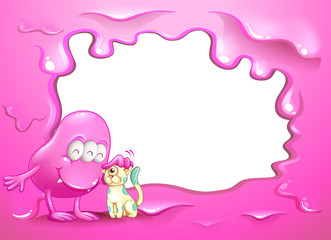 A border design with a pink monster and a pet