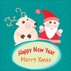 Christmas and New Year Greeting card, Santa Claus with  Deer
