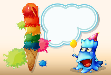 A happy monster watching the giant icecream