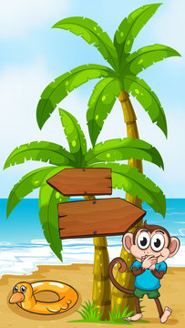 A monkey at the beach with a toy standing near the palm tree