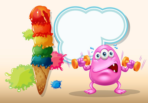 A pink monster exercising near the giant icecream