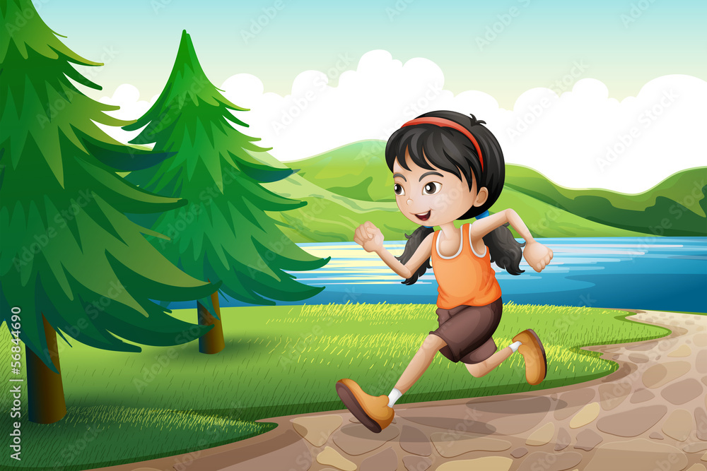 Sticker A girl running near the riverbank with pine trees