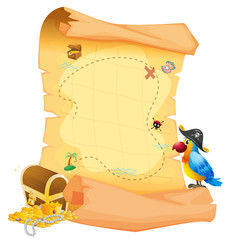 A treasure map with a parrot