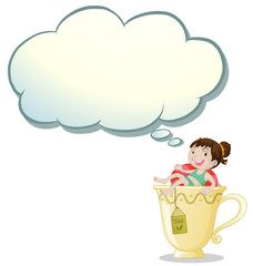 A big cup of tea with a young girl swimming