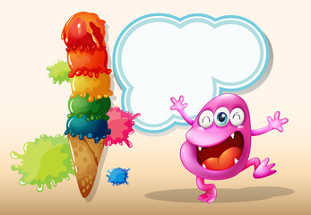 A happy pink beanie monster near the giant icecream