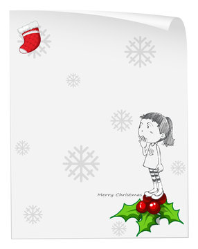 A christmas card template with a young girl standing above a poi