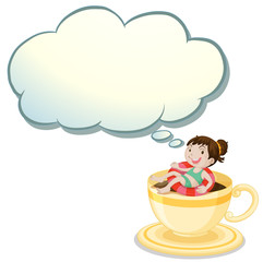 A big cup with a happy young girl swimming