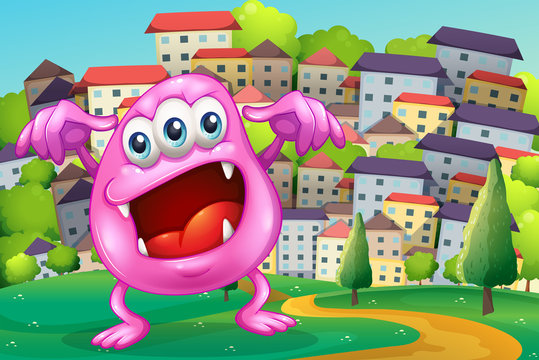 A beanie monster shouting at the hilltop across the buildings