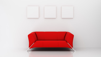 minimalist living room with red couch and three picture frames