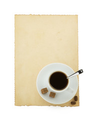 Obraz na płótnie Canvas cup of coffee and parchment on white