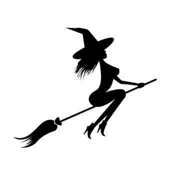 vector silhouette of Witch flying on broom.