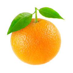 Isolated orange. One fresh orange fruit with leaves isolated on white background