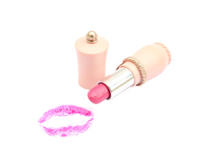pink lipstick with a kiss on white