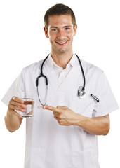 Doctor man with stethoscope showing a glass of water.