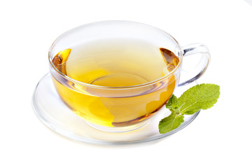 Glass cup tea with mint leaf