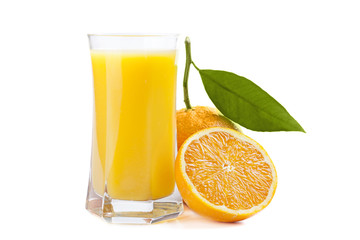 Juice glass and orange fruit isolated on white